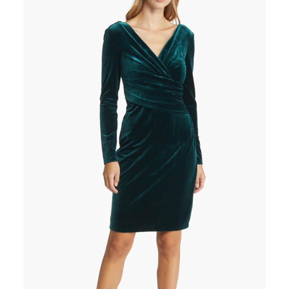 NWT ELIZA J Ruched Long Sleeve Velvet Body-Con Dress Hunter Green 6